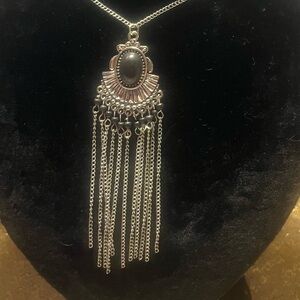 Silver and Black Onyx Tassel Necklace 38” Length